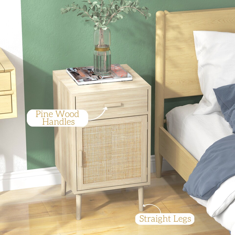 image 1 of HOMCOM Bedside Table Set of 2, Rattan Side Tables with Drawer, Cabinet and Adjustable Shelf, Boho Bedside Cabinet with Storage for Bedroom, Living Room, Natural Wood Effect