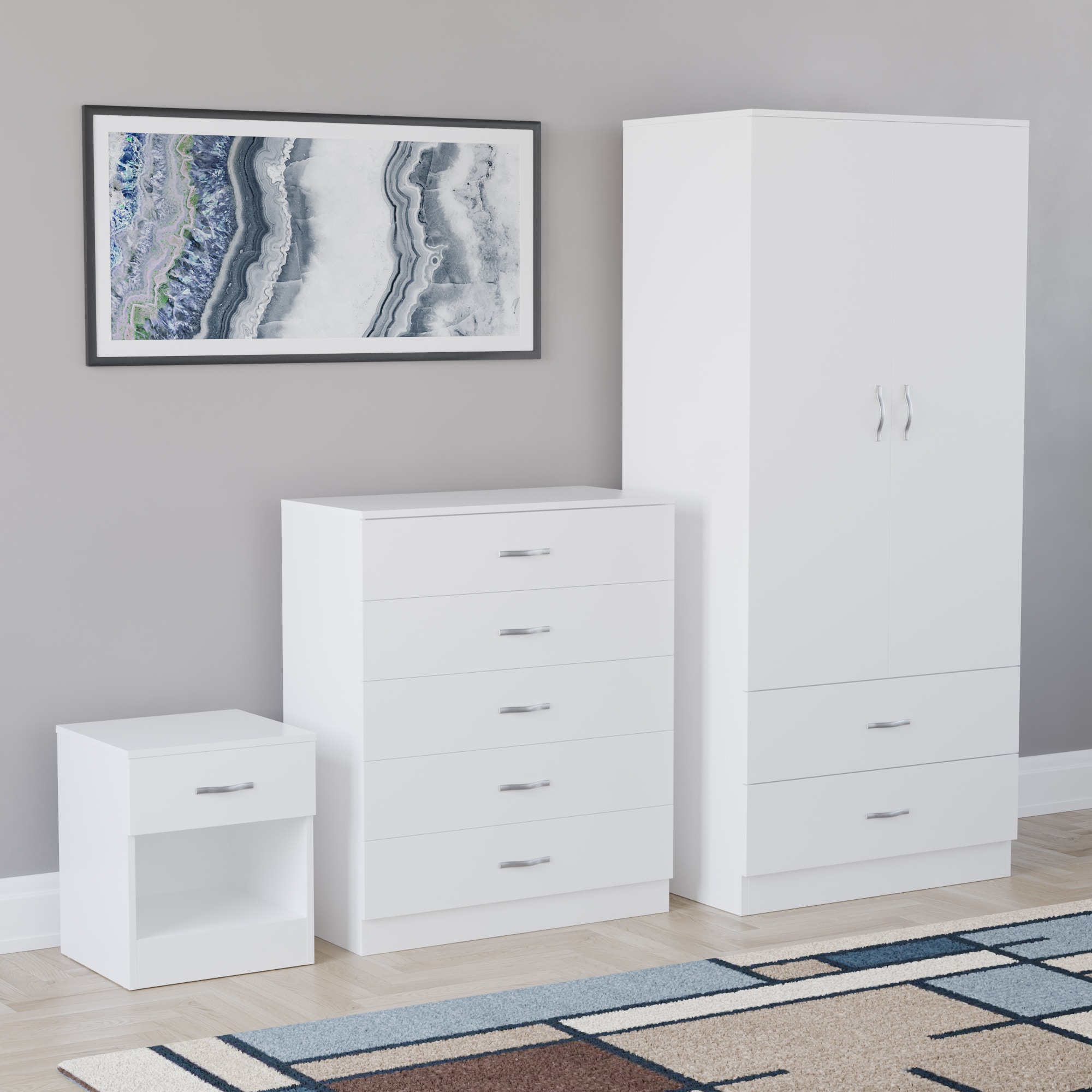 Vida Designs Riano 3 Piece Bedroom Set (1 Drawer Bedside Chest, 5 Drawer Chest, 2 Door 2 Drawer Wardrobe) - White
