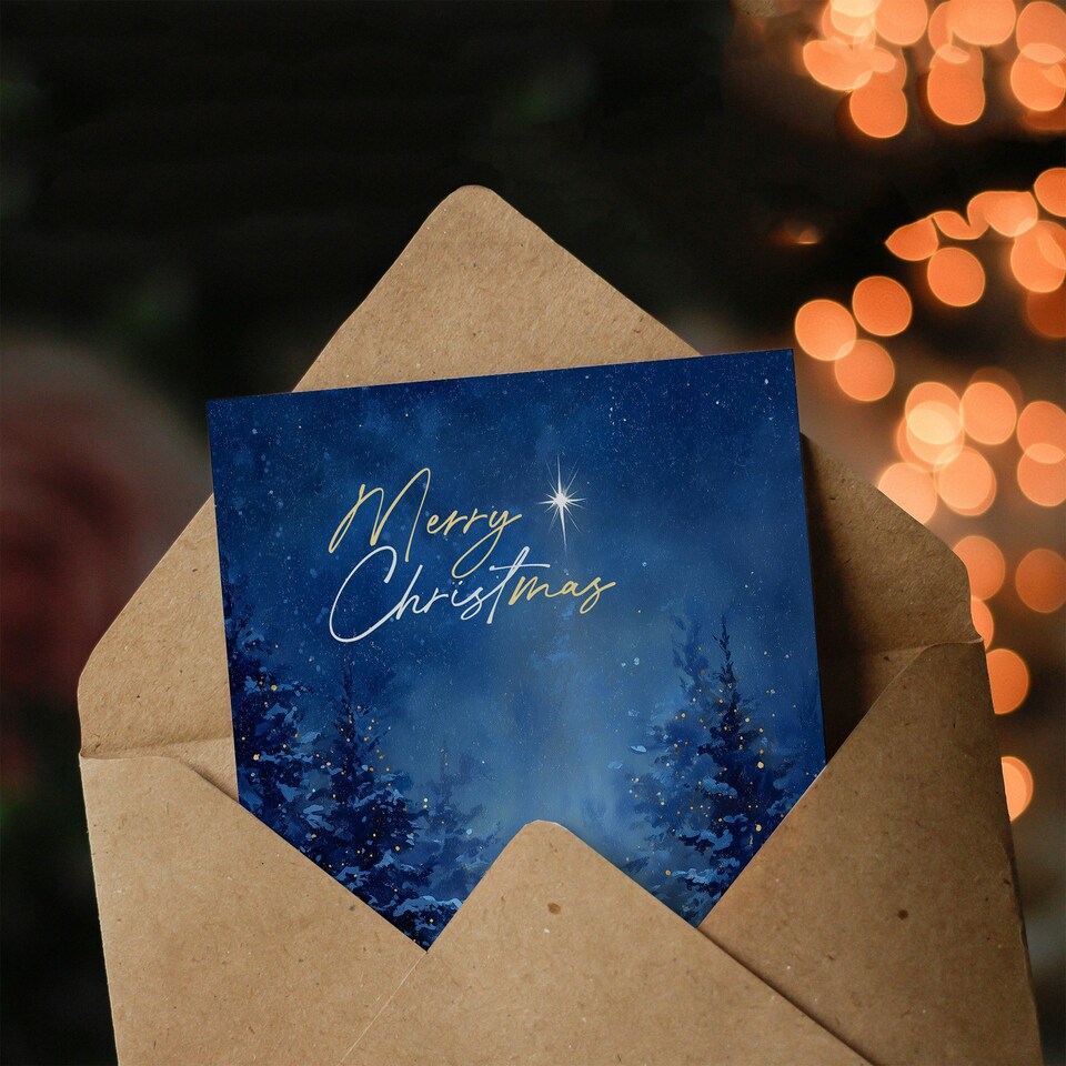 image 1 of Christmas Card Nativity Scene in Snowy Winter Pine Tree Forest