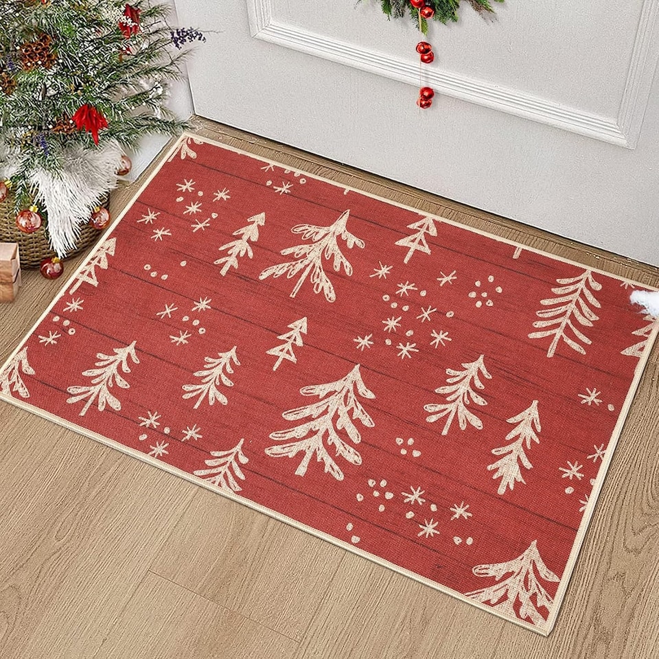 image 1 of London Boutique Christmas Doormat with Christmas Tree Pattern and Non-Slip Rubber Backing, Red, 40 x 60 cm