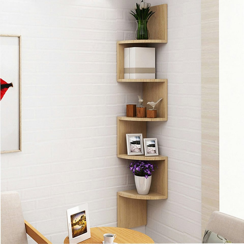 image 1 of Living and Home 5 Tiered Wooden Floating Corner Shelf, Brown