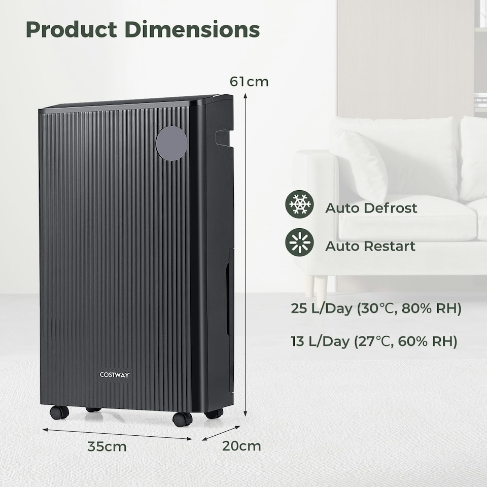 image 1 of COSTWAY 25L/D Dehumidifier with 4 Modes & 3-Color Indicator Black