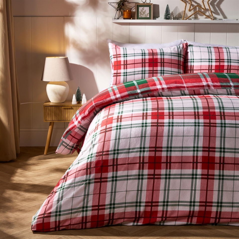image 1 of OHS Traditional Christmas Check Brushed Cotton Duvet Cover Set | Red | King