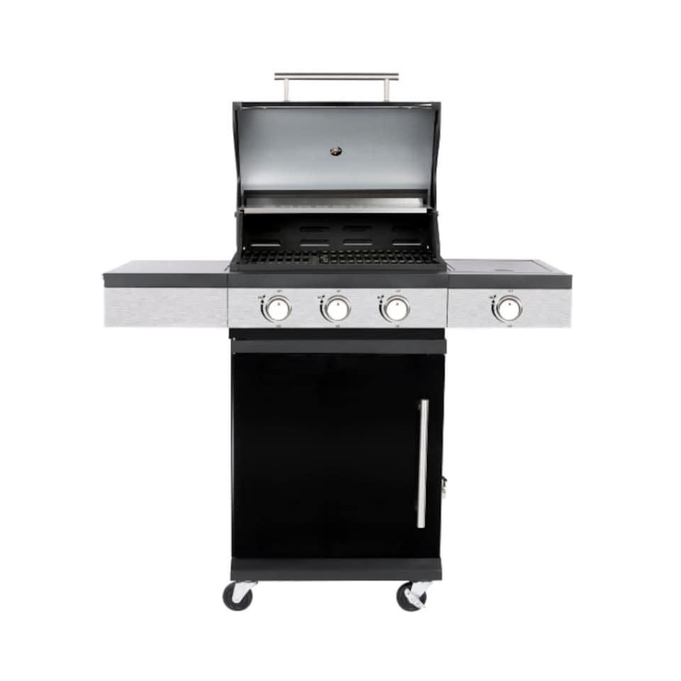 image 1 of 3 + 1 Burner Gas BBQ Grill with Built-in Thermometer, Folding Shelves & Warming Rack