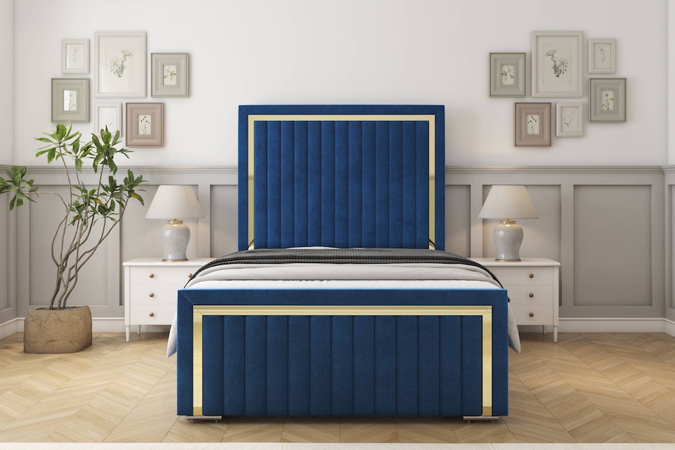 image 1 of Sloomy Boston Gold Navy Plush Bed Frame With 50" Upholstered Headboard 5' King