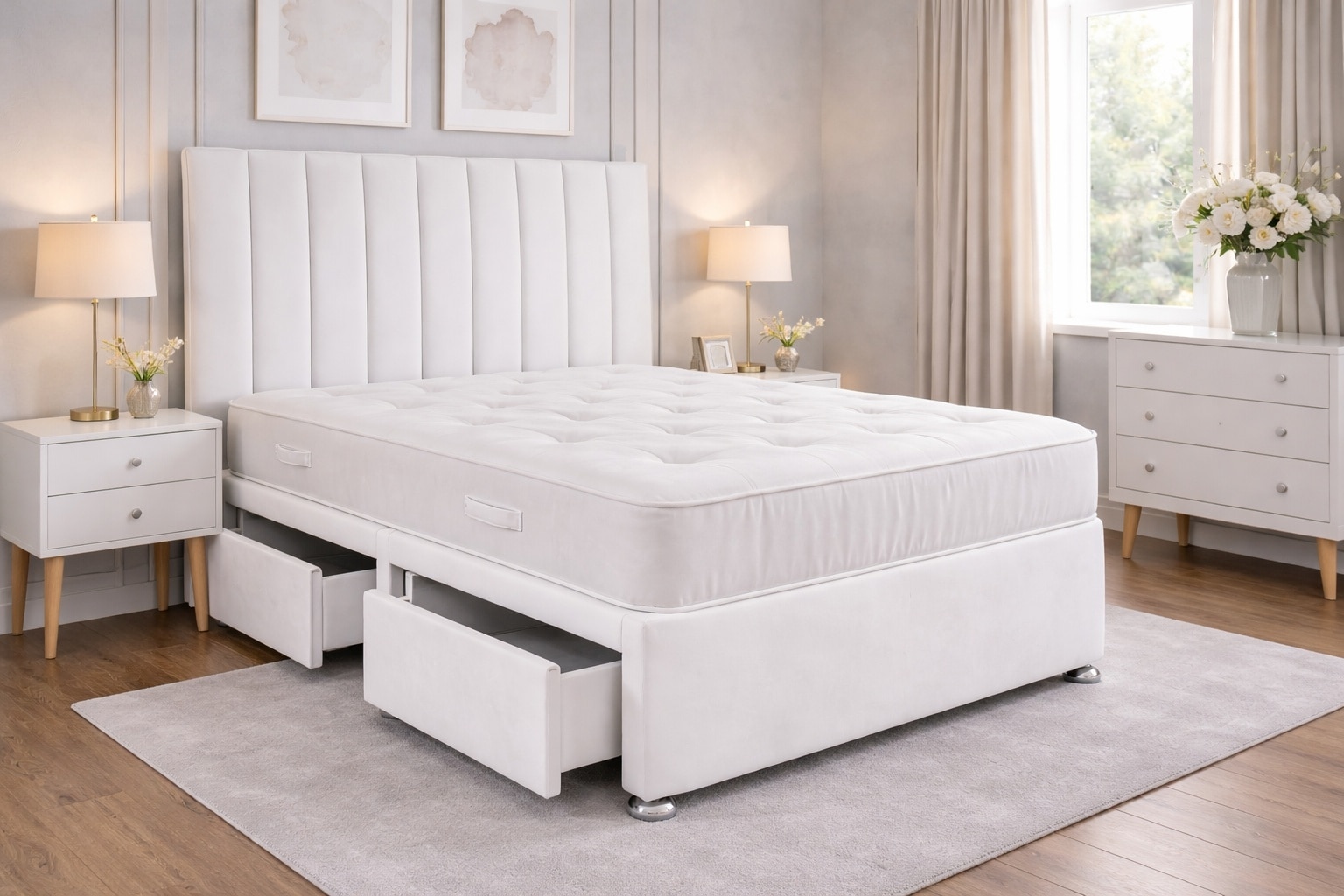 White 4ft6 double plush divan bed set with headboard and mattress No Drawers