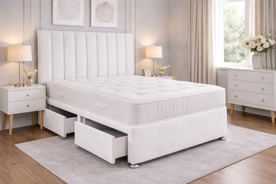White 4ft6 double plush divan bed set with headboard and mattress No Drawers