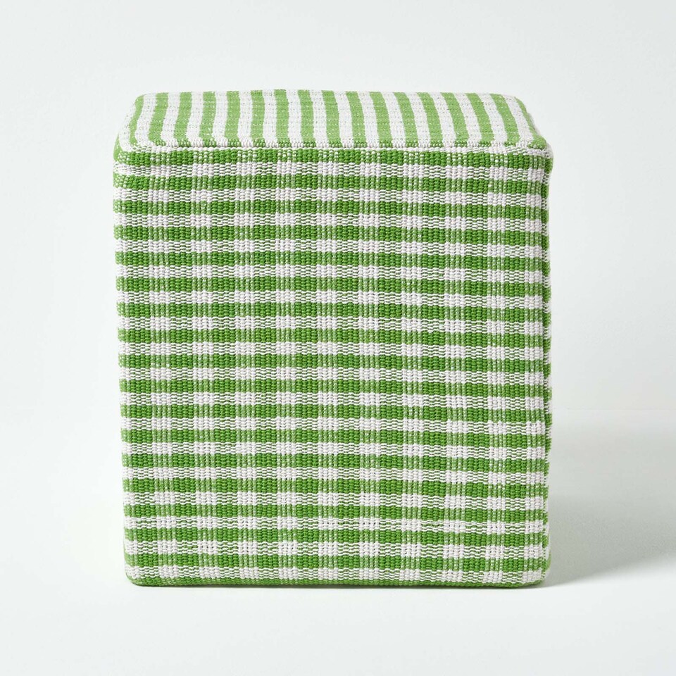 image 1 of Homescapes Green Gingham Check Cotton Cube Pouffe - 36 x 36 x 38 cm | Green | 36 x 36 x 38 cm