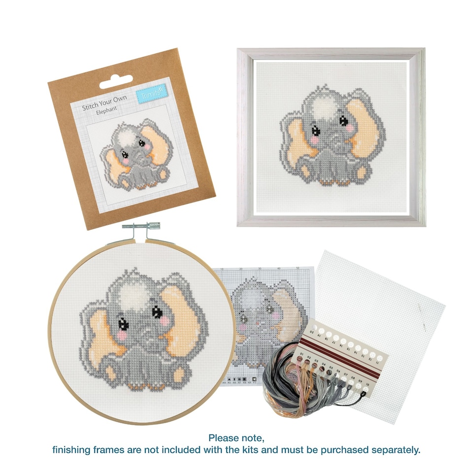 image 1 of Trimits 3Pk Cross Stitch Bundle - Giraffe, Elephant, Lion, 13x13cm Beginner Kits, Complete with Threads & Instructions
