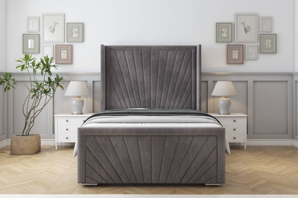 image 1 of Sloomy Rutherford Slate Naples Bed Frame With Mattress With 50"  Upholstered Wingback Headboard 4' Small Double
