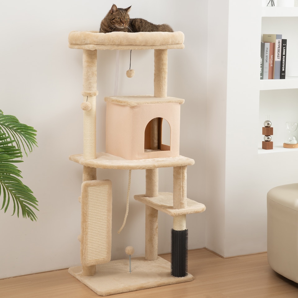 image 1 of PawHut Cat Tree for Indoor Kittens, 132cm Cat Tower with Scratching Posts and Pad, Bed, House, Jumping Platform, Grooming Brush, Toy Balls, Anti-Tip Kit, Cat Climbing Frame, Beige