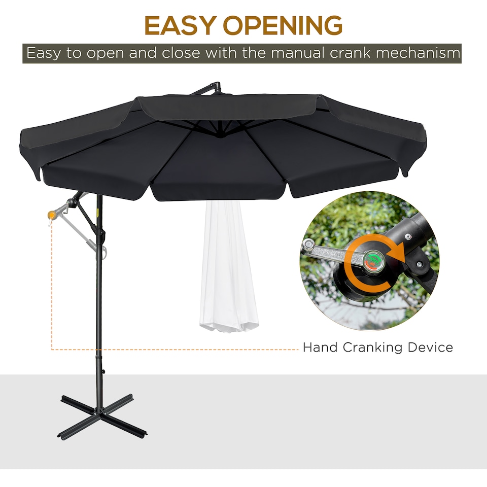 image 1 of Outsunny 2.7m Garden Banana Parasol Cantilever Umbrella with Crank Handle and Cross Base for Outdoor, Hanging Sun Shade, Black