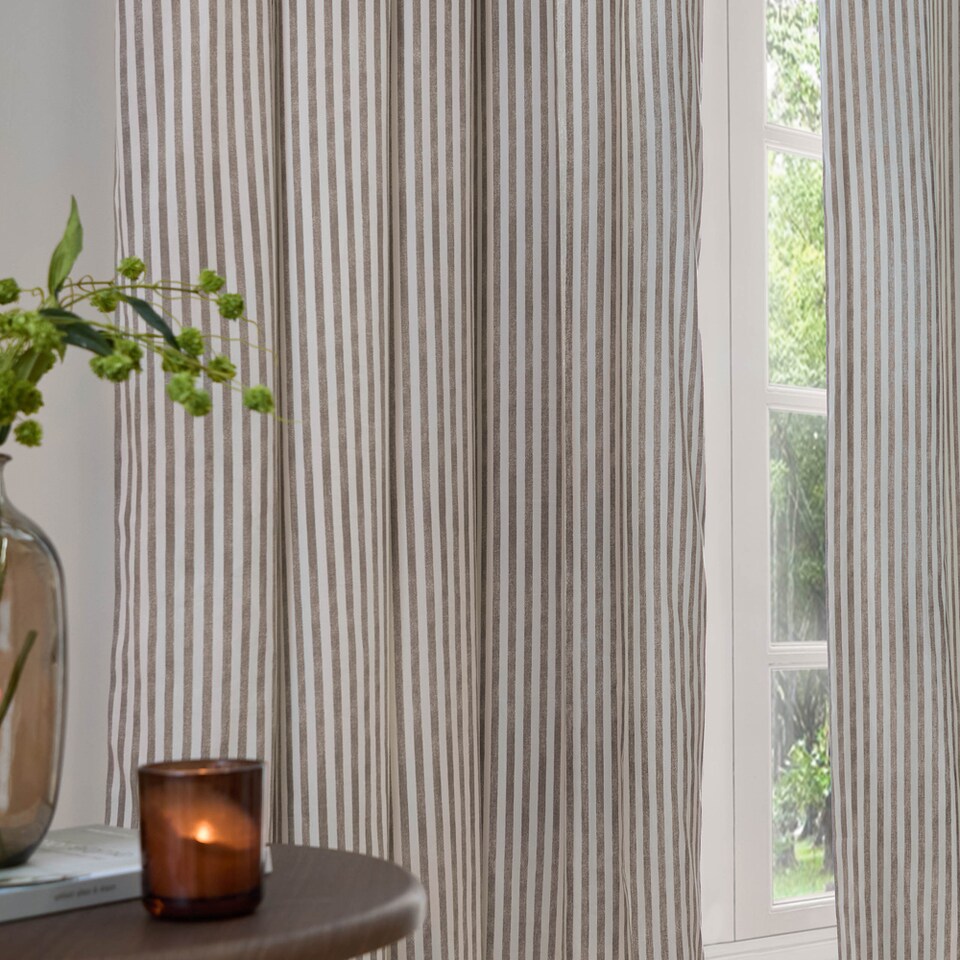 image 1 of Hebden Striped Cotton Eyelet Curtain Pair, 168 x 137cm, Mole | Brown | Mole