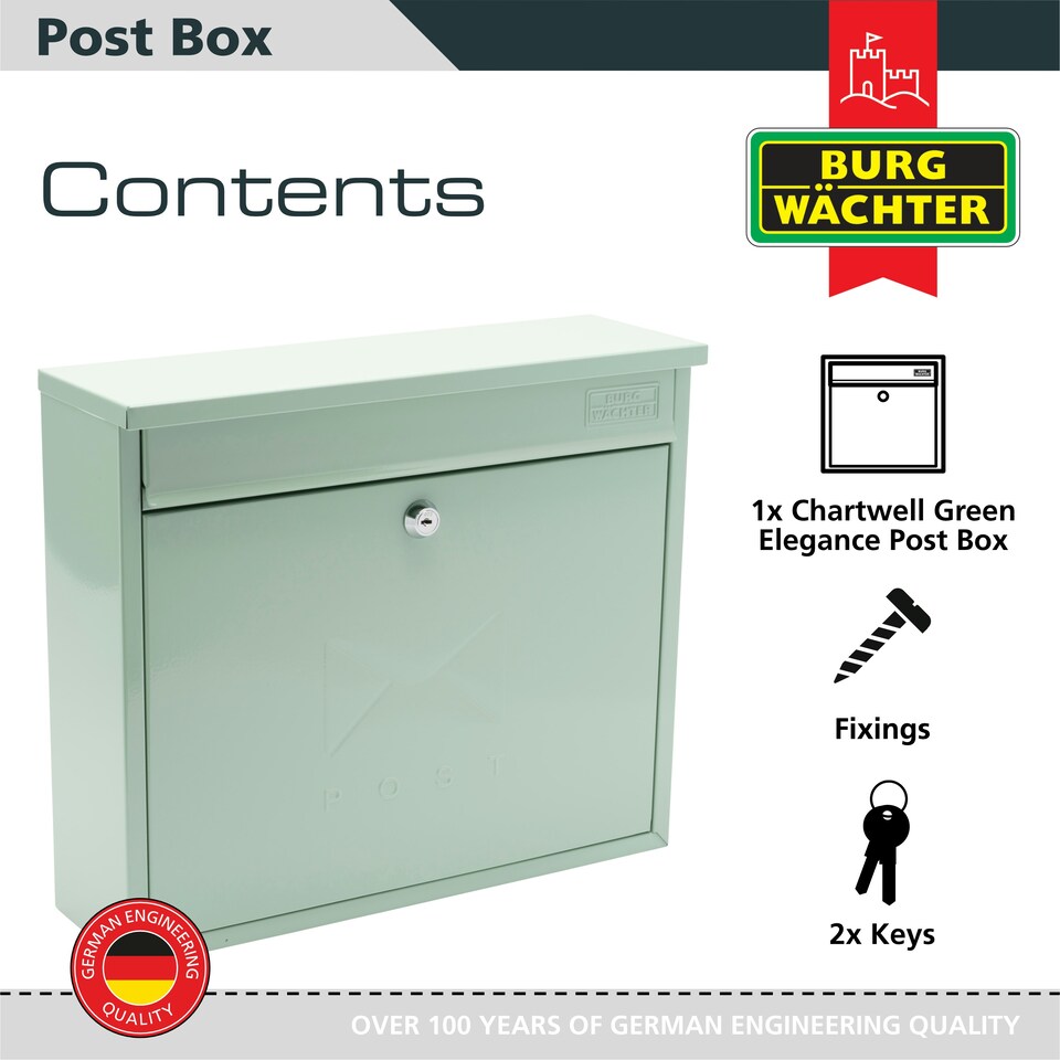 image 1 of Burg-Wachter Elegance Wall Mounted Galvanised Stell Lockable Weatherproof Ppost Box - 36x31x11cm Green | Chartwell Green