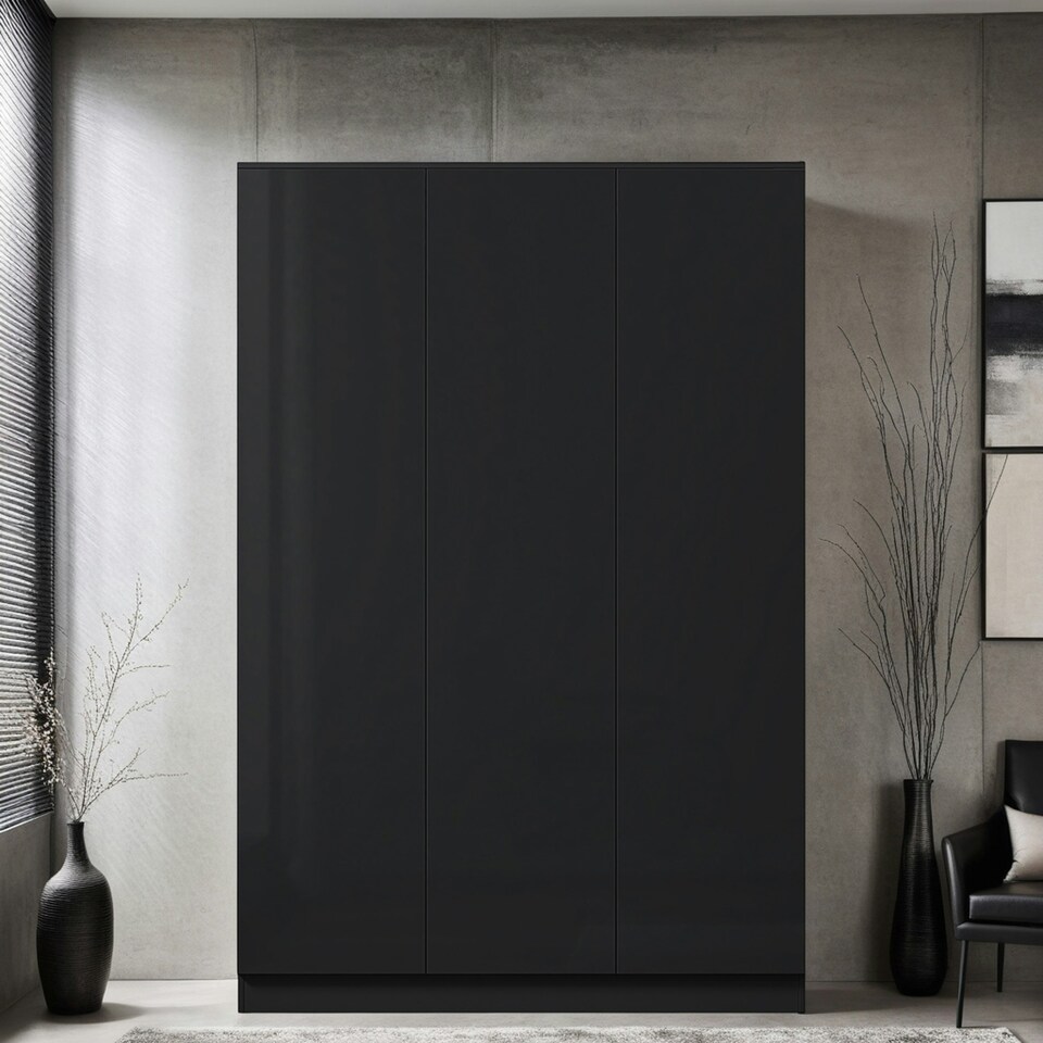 image 1 of FWStyle Stora 3 Door Wardrobe - Black Gloss Front Black