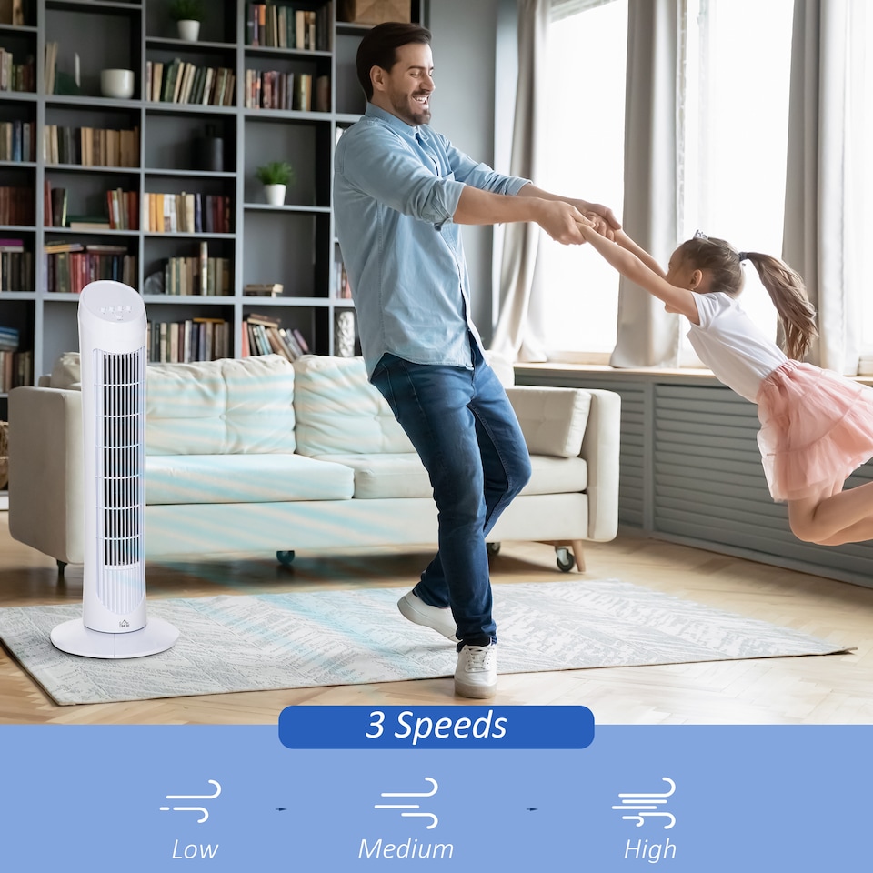 image 1 of HOMCOM Tower Fan for Bedroom Cooling, 30 Inch Electric 70 Oscillating Fan with 3 Speed Settings, Standing Floor Fan for Home Office Indoor, White