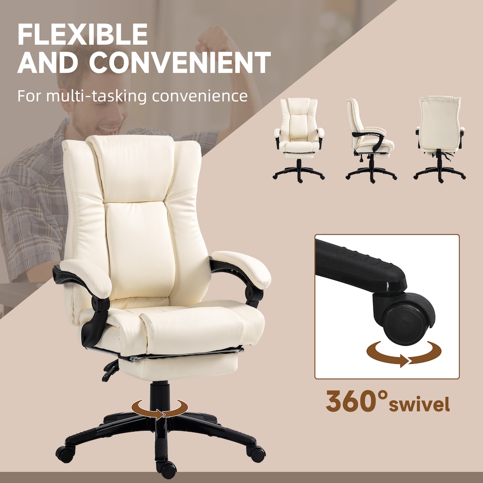 image 1 of Vinsetto Executive Office Chair for Home, PU Leather Computer Chair, Swivel Desk Chair with Footrest, Wheels, Adjustable Height, Cream White