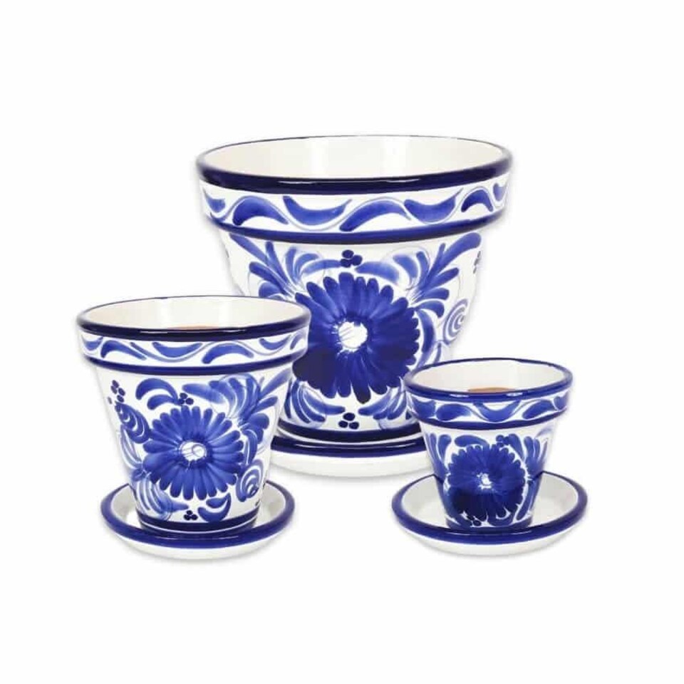 image 1 of Verano Spanish Ceramics Set of 3 Plant Pots & Drainage Plates - 16-29cm Blue Floral