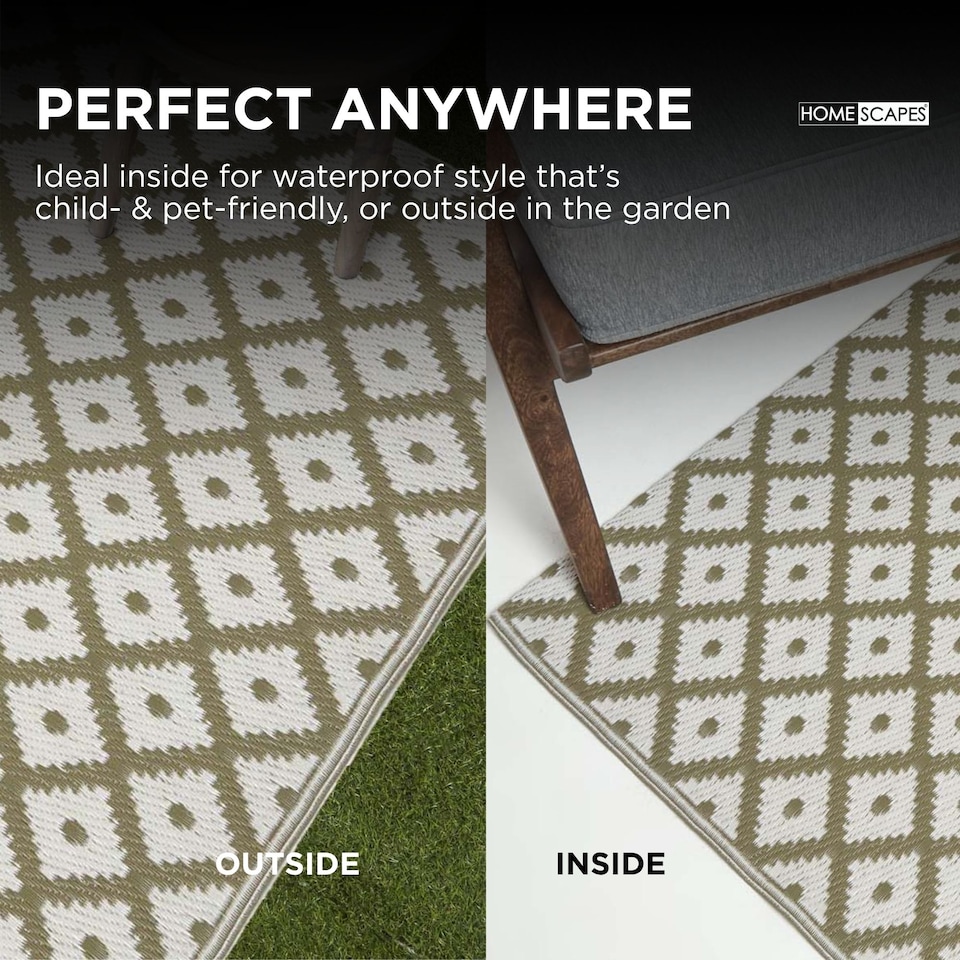 image 1 of Homescapes Outdoor Rug Luxury Waterproof Reversible Recycled, For Garden, May Geometric | Green | Olive Green