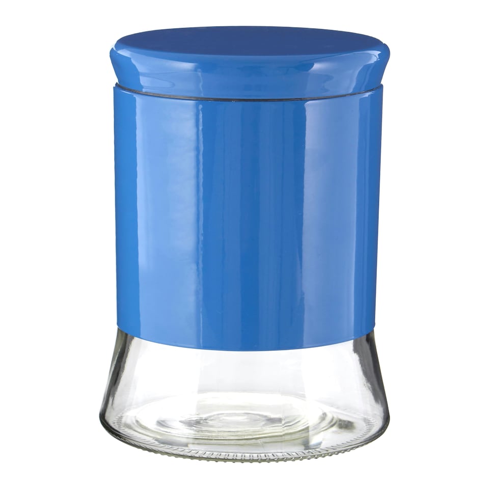 image 1 of Interiors by Premier Blue Steel Wrap Glass Storage Jar, 1500ml Capacity, Modern Design with Grey Steel Lid, Kitchen Storage