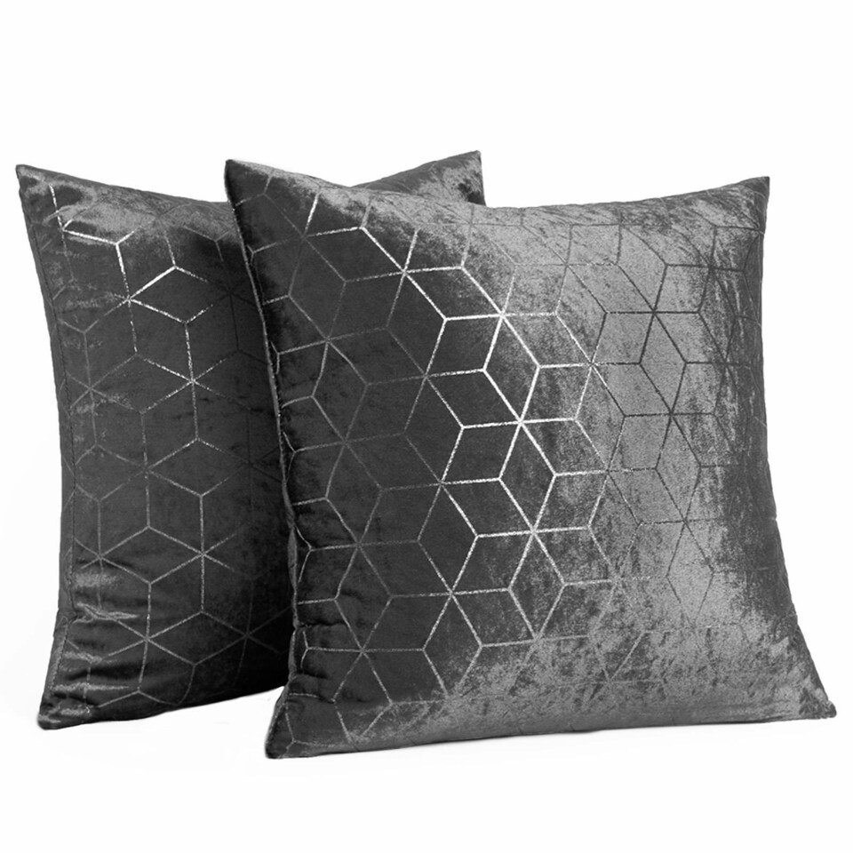 image 1 of OHS 2 x Crushed Velvet Metallic Geo Print Cushion Covers, 45x45cm - Charcoal