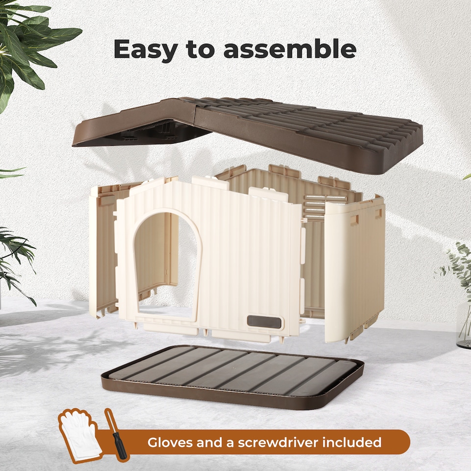 image 1 of Skylos Plastic Dog House Pet Kennel Shelter for Small Medium Dogs Indoor Outdoor | Brown | S