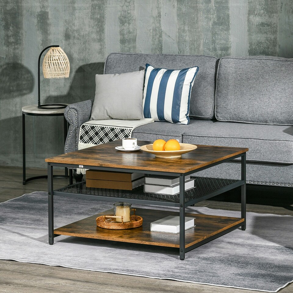 image 1 of HOMCOM Industrial Coffee Table, Cocktail Table W/ Storage Shelves Brown