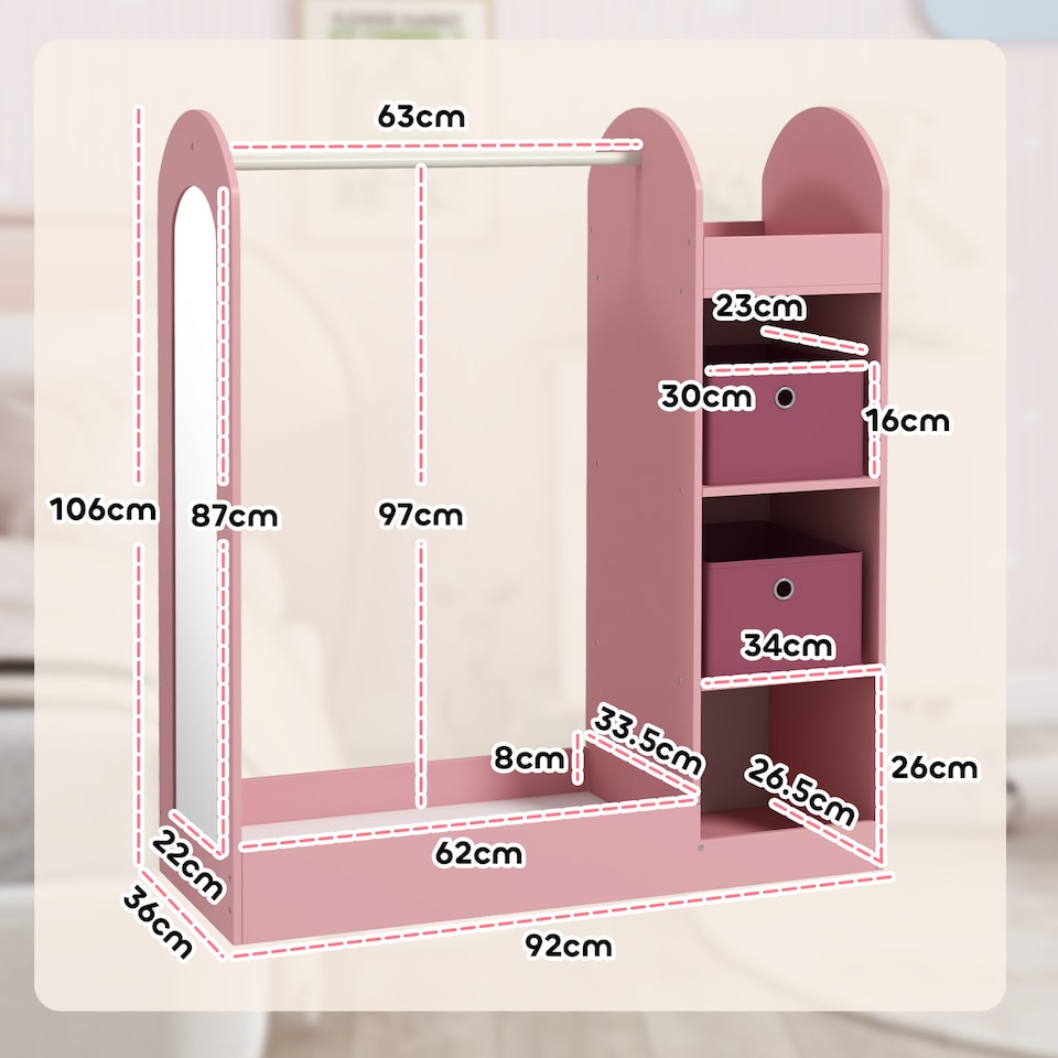 image 1 of AIYAPLAY Kids Clothes Rail with Storage Shelf, Boxes, Mirror | Pink