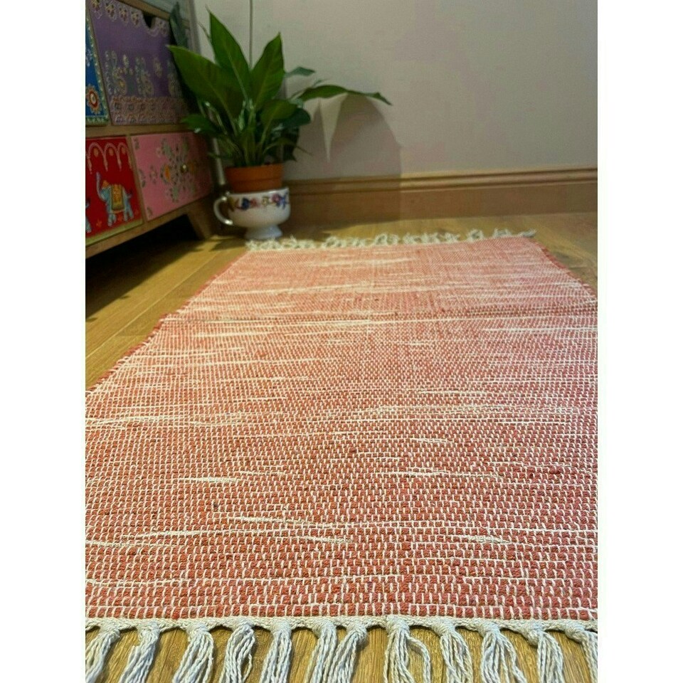 image 1 of Hush Hand Loomed Soft Rug in Muted Colours - Cotton - L60 x W210 cm - Rust Red Multi
