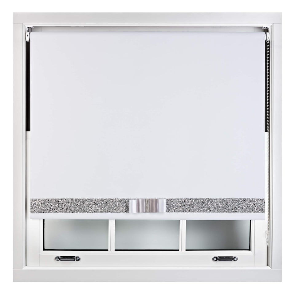 image 1 of FURNISHED Blackout Roller Blind with Silver Glitter Trim and Green Bow Cut to Size | White | White 2 | (W) 210cm x (L) 210cm