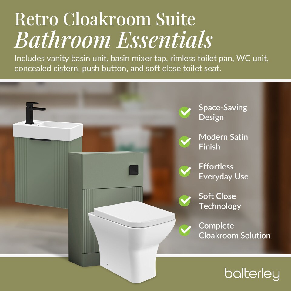 image 1 of Balterley Cloakroom Suite - Wall Hung Basin Unit, Toilet & Tap | Green | Satin Green | 438 x 400 x 222mm