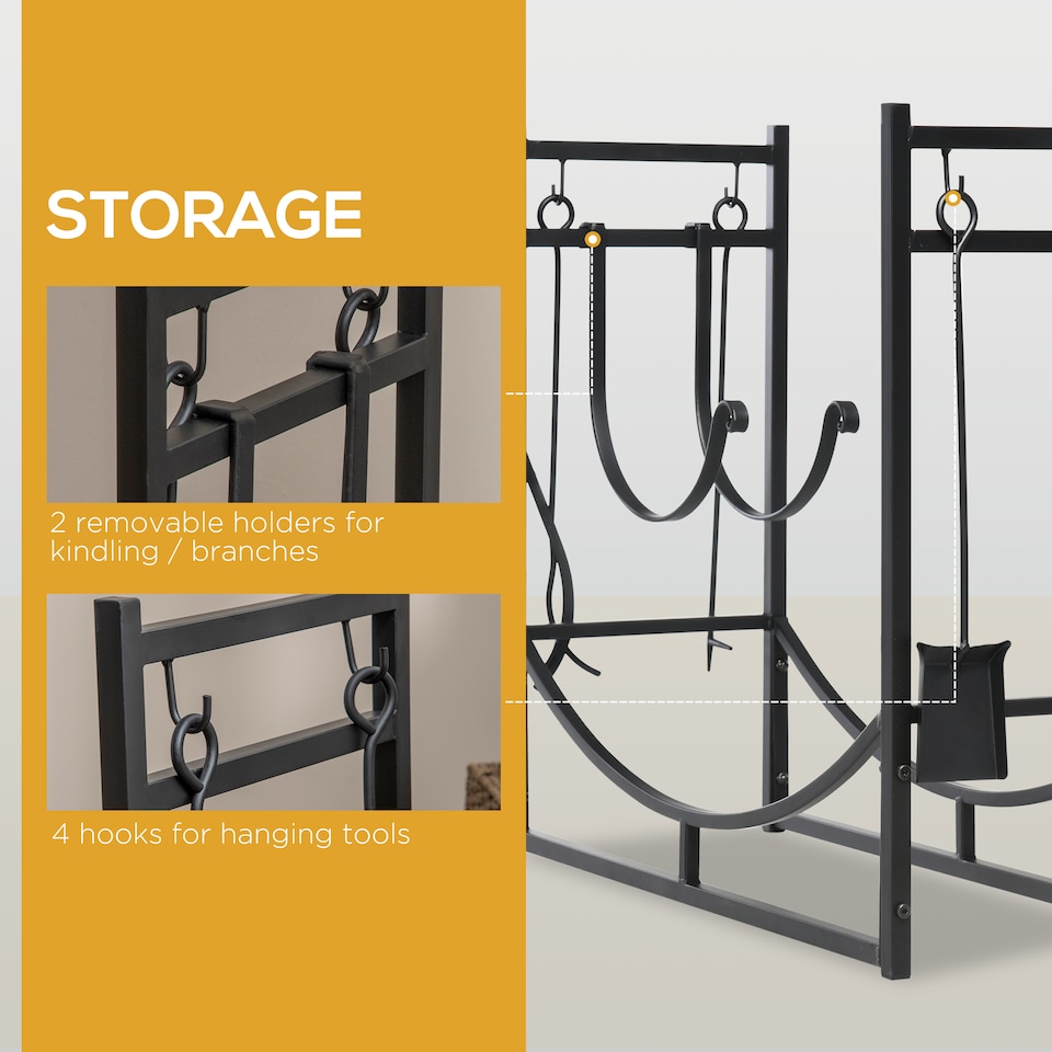 image 1 of Outsunny Metal Firewood Log Holder Indoor Outdoor Firewood Rack Fireplace 2 Tier Wood Storage Shelf with 4 Tools, Hooks, Scrolls, Black, 84W x 33D x 76H cm