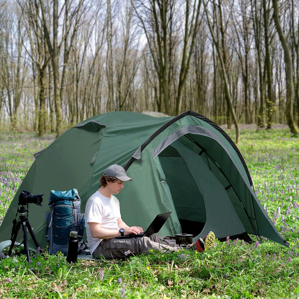 image 1 of Outsunny Compact Camping Tent with Vestibule & Mesh Vents for Hiking Green