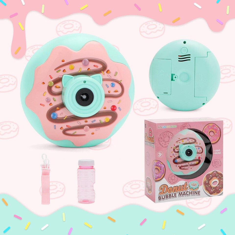 image 1 of Donut Bubble Camera for Kids - Automatic Bubble Gun with Lights and Music - Fun Outdoor Bubble Machine for Birthdays and Parties (Green&Pink)