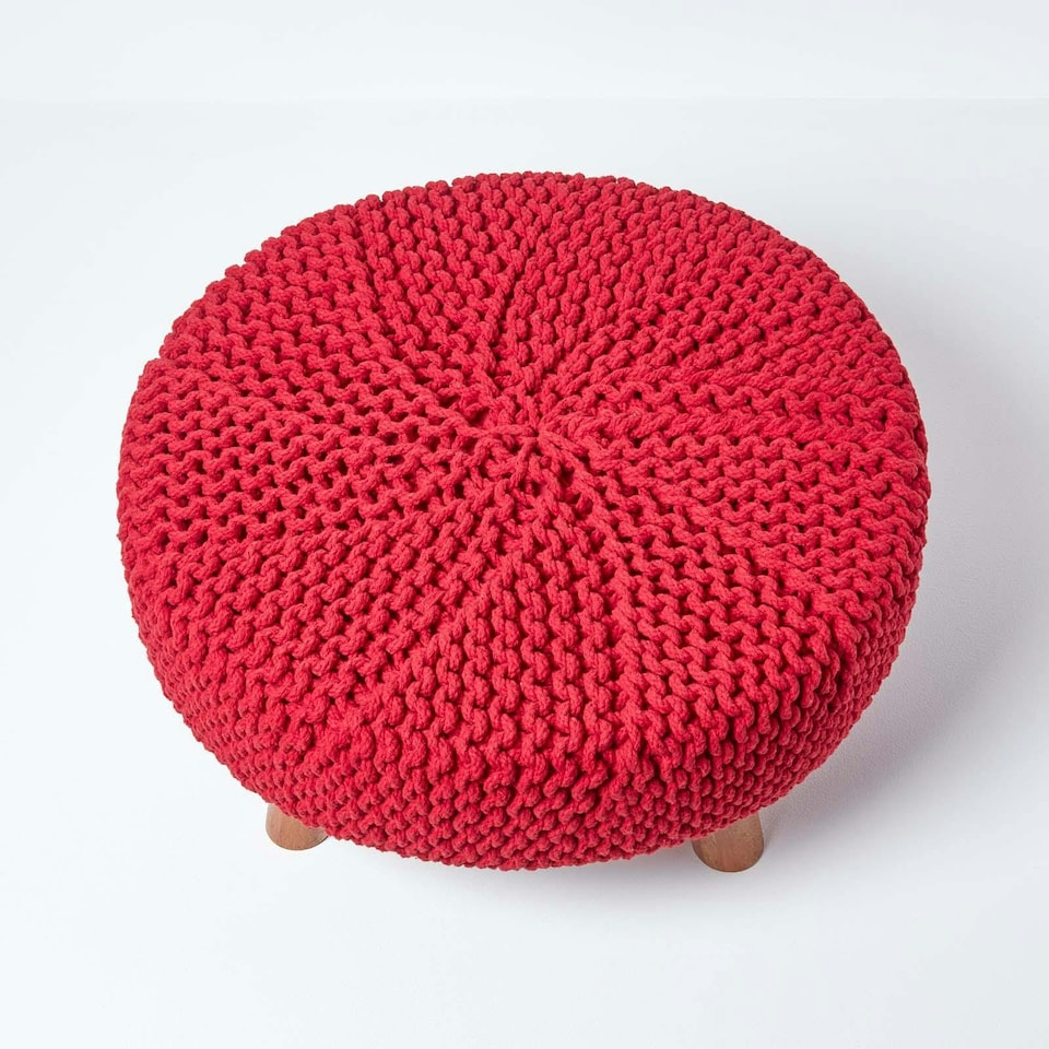 image 1 of Homescapes Red Round Cotton Knitted Footstool on Legs | Red | 62 x 62 x 30 cm