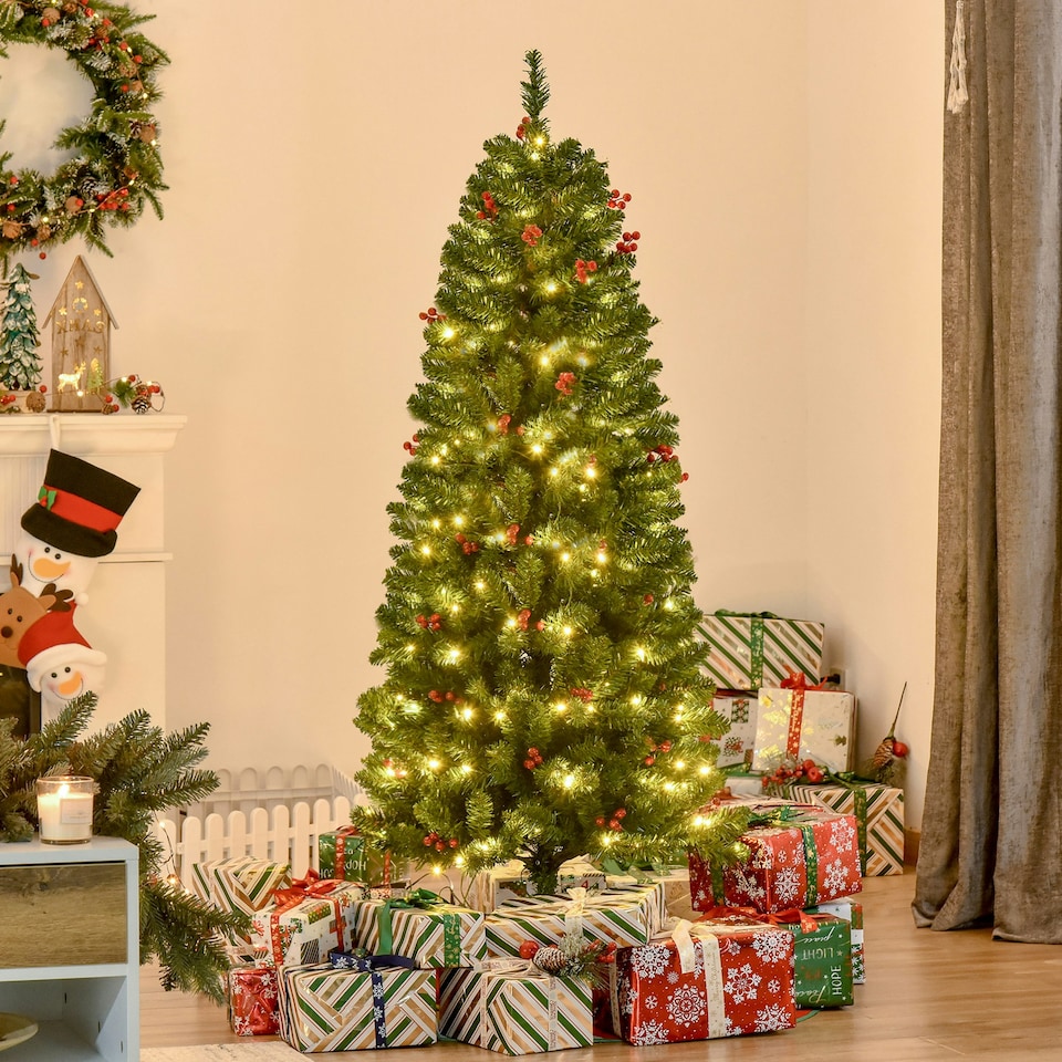 image 1 of HOMCOM 5FT Prelit Pencil Christmas Tree w/ LED Light, Berry, Xmas Decoration
