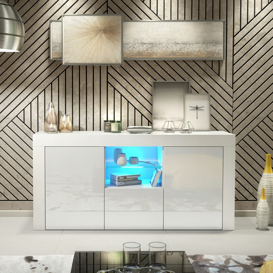image 1 of White TV Unit 145cm Gloss Doors Free LED Modern Media Cabinet White