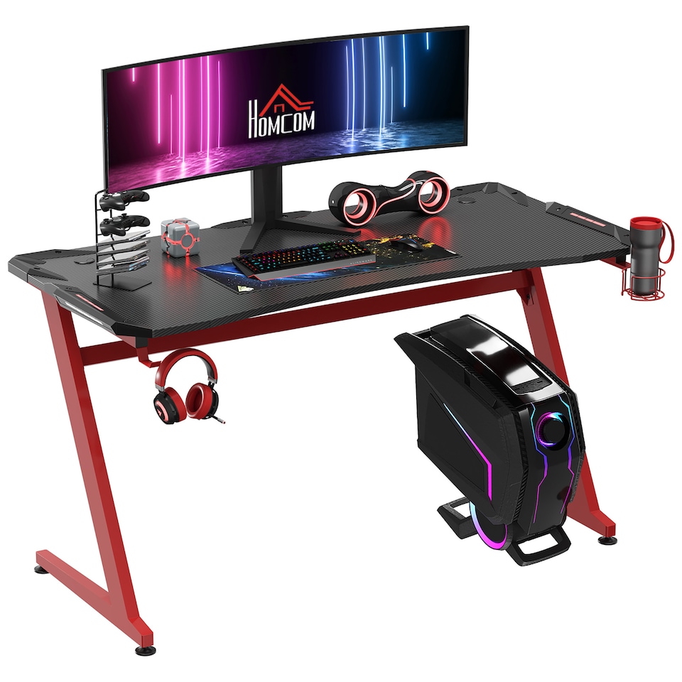 image 1 of HOMCOM 142 x 66 cm Gaming Desk, Carbon Fibre Covered Computer Desk, Gamer Workstation with Headphone Hook, Cup Holder and Gamepad Storage Rack, Black and Red