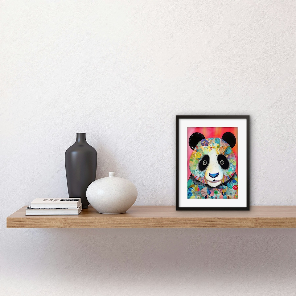image 1 of Panda Spirit Animal Portrait Folk Art Watercolour Painting 9x7" Black Framed Wall Art Print