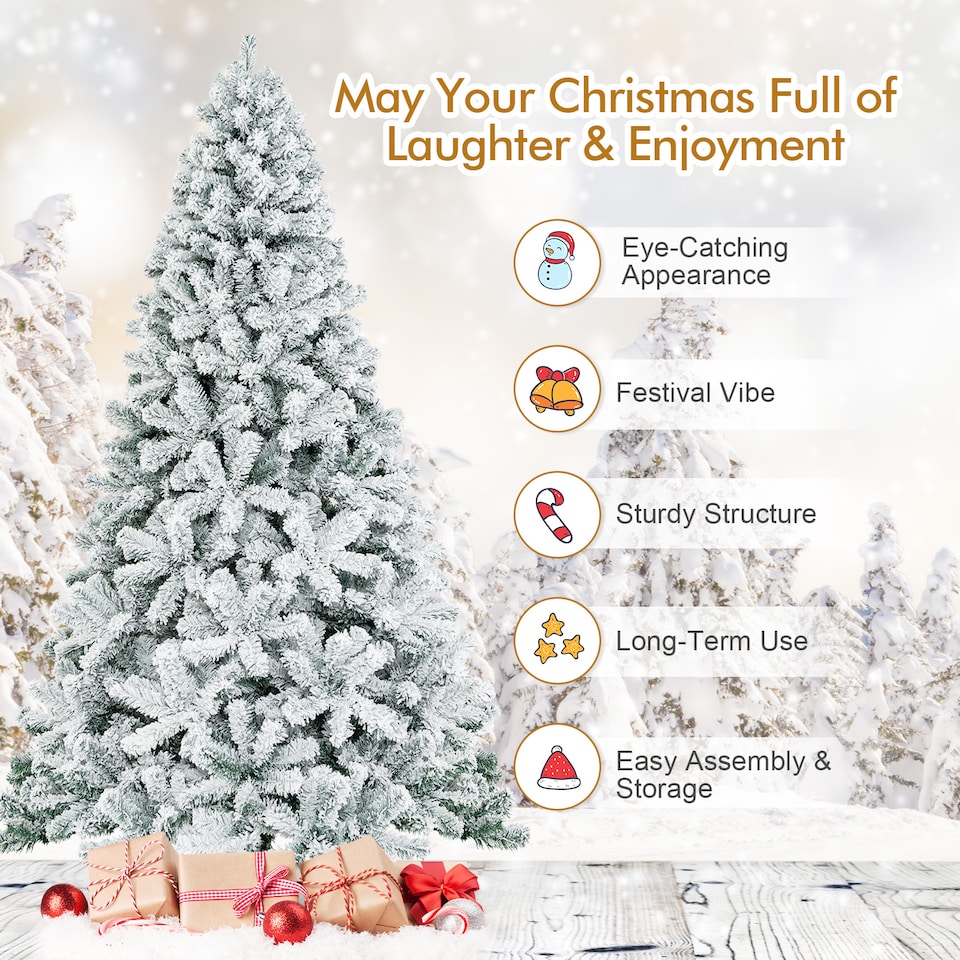 image 1 of COSTWAY 7.5FT Christmas Tree Snow Flocked Tree with 1010 Tips White