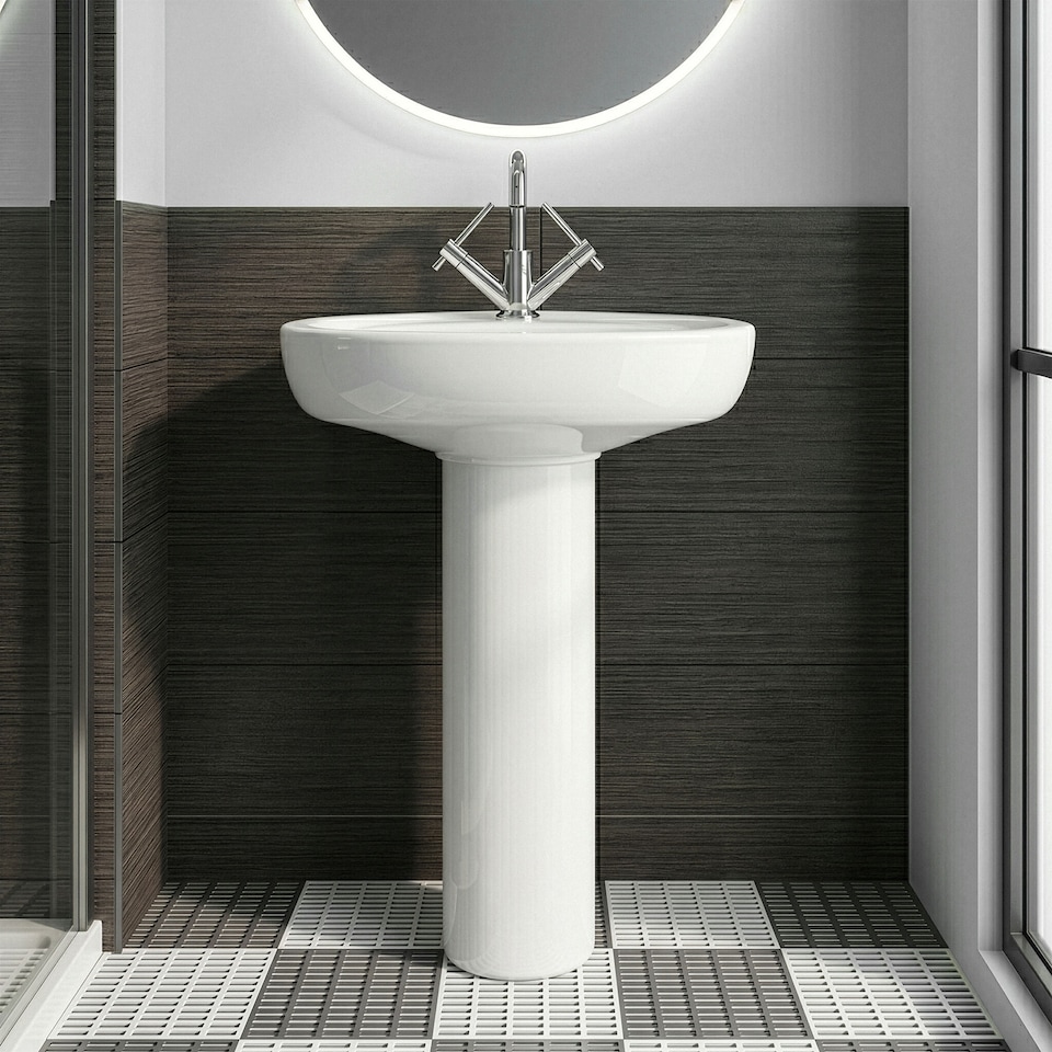 image 1 of Balterley Adley Round 1 Tap Hole Ceramic Basin with Full Pedestal Bathroom Sink Tap Not Included | White | White