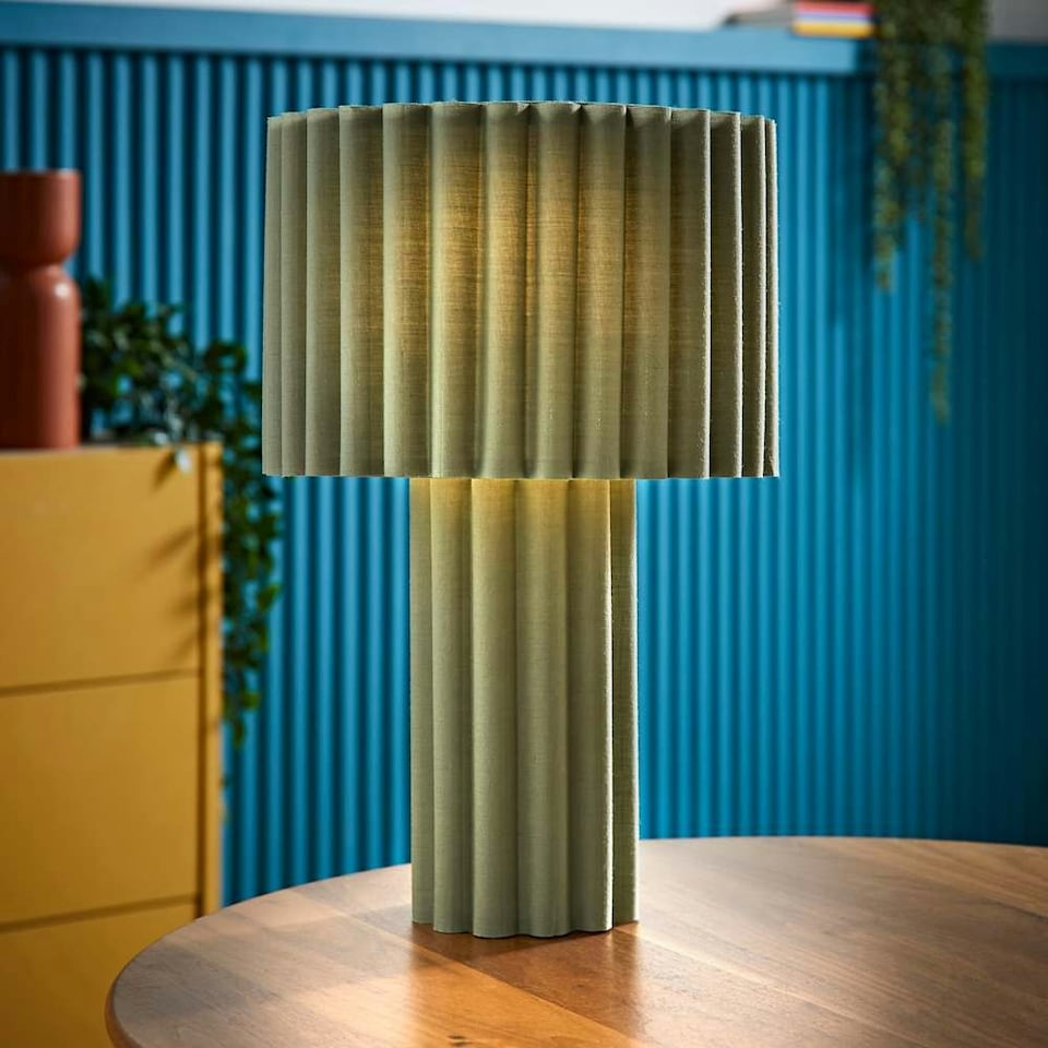 image 1 of ValueLights Lenny Moss Green Drum Lamp Shade Colour Drench Ribbed Full Fabric Table Lamp | Green