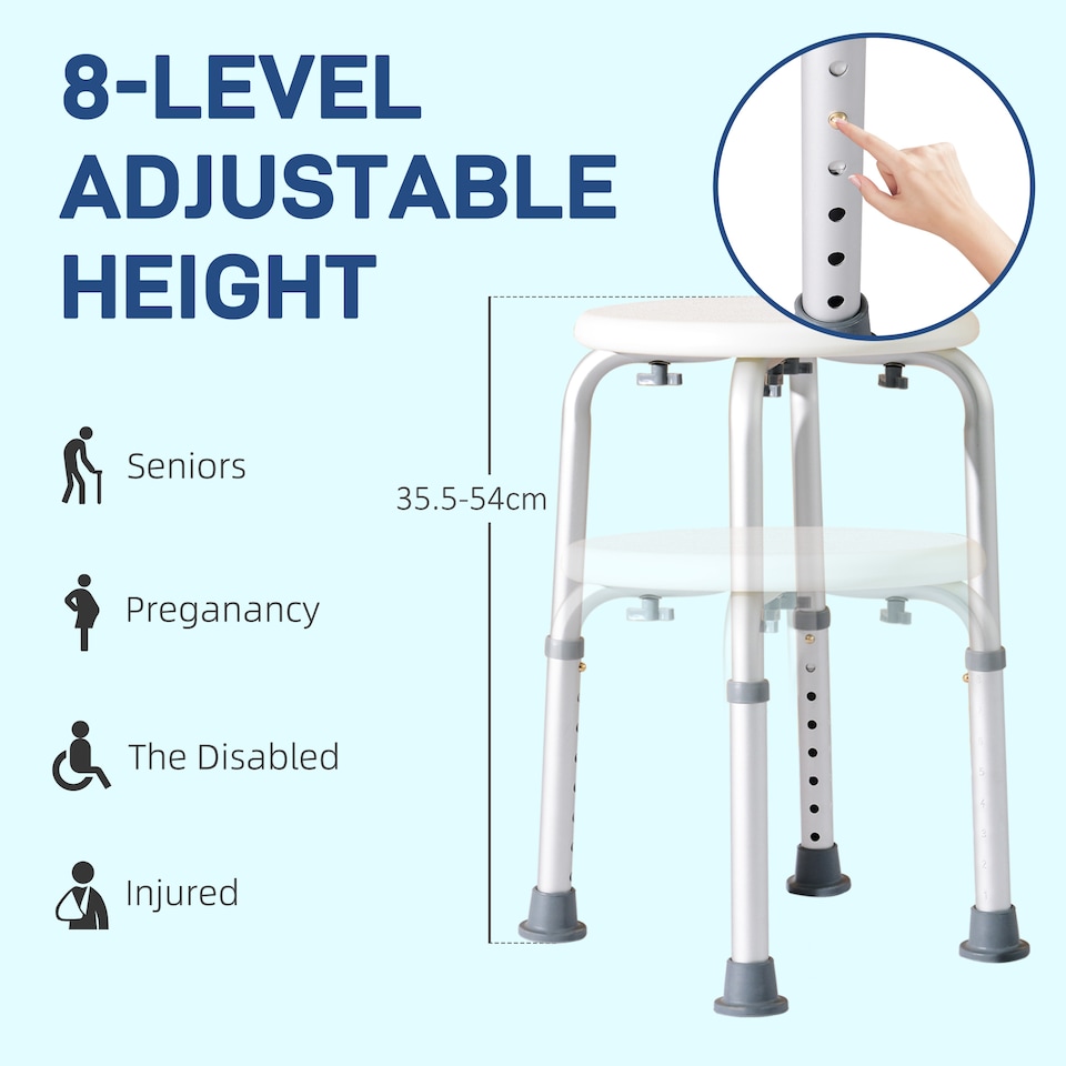 image 1 of HOMCOM Shower Chair, Adjustable Height Shower Stool with Aluminium Frame and Non-Slip Feet, Bathtub Stool Seat for Elderly Disabled Handicap, White