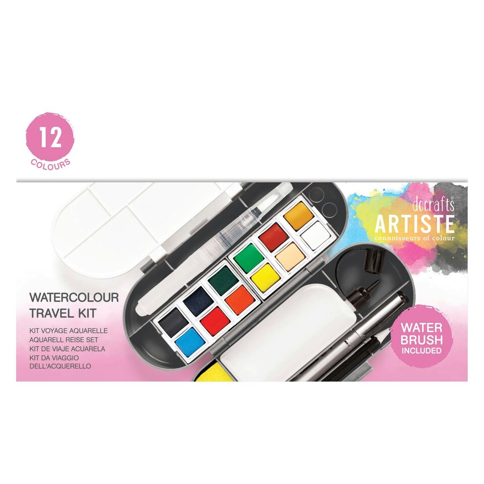 image 1 of Artiste Watercolour Travel Kit, Multicoloured, 12 Colours, With Accessories