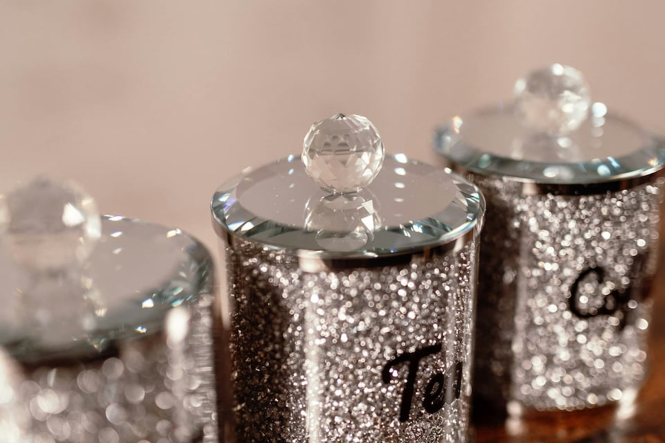 image 1 of Marco Paul Stylish Set of 3 Crushed Diamond Mirror Crystal Filled Canister