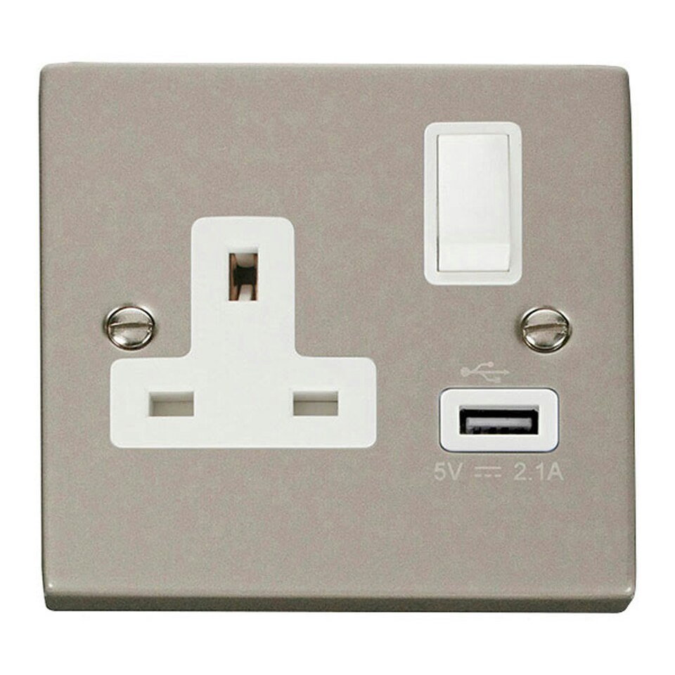 SE HOME Pearl Nickel 1 Gang 13A DP 1 USB Switched Plug Socket White | Pearl Nickel