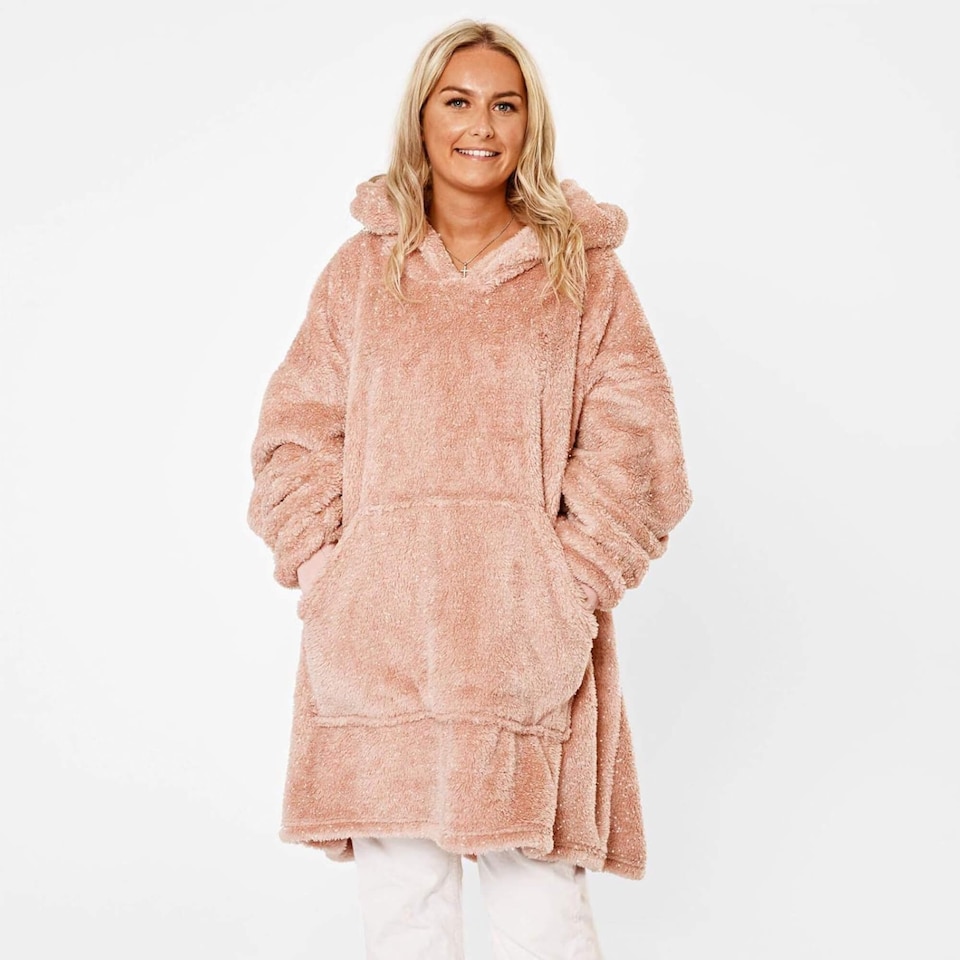 image 1 of Sienna Glitter Oversized Teddy Fleece Wearable Hoodie Blanket Blush Pink