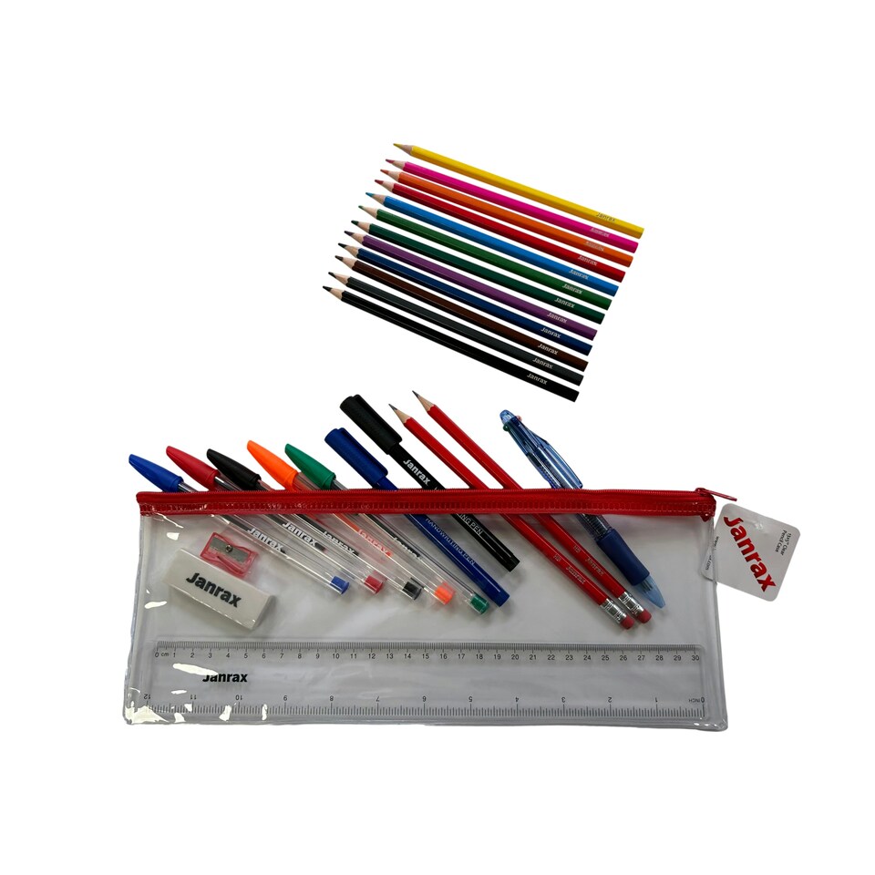 image 1 of Stationery Filled Red Zip 13x5" Pencil Case with Colouring Pencils