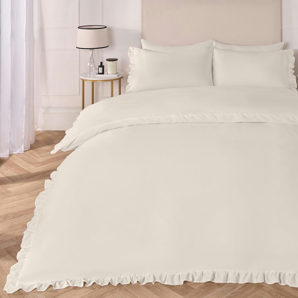 image 1 of OHS Ruffled Frill Edge Duvet Cover and Pillowcase Bedding Set, Super King - Natural Yellow | Natural | Super King