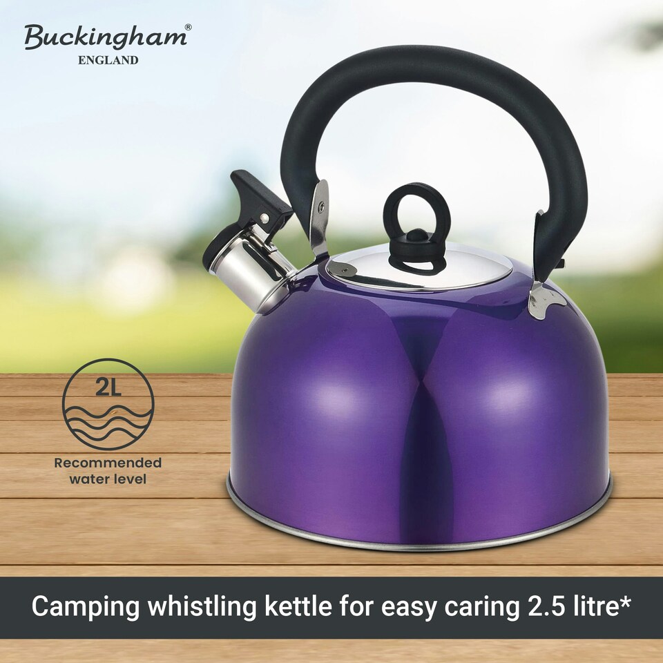image 1 of Buckingham Stainless Steel Camping Whistling Kettle 2.5 Litre , Metallic Purple